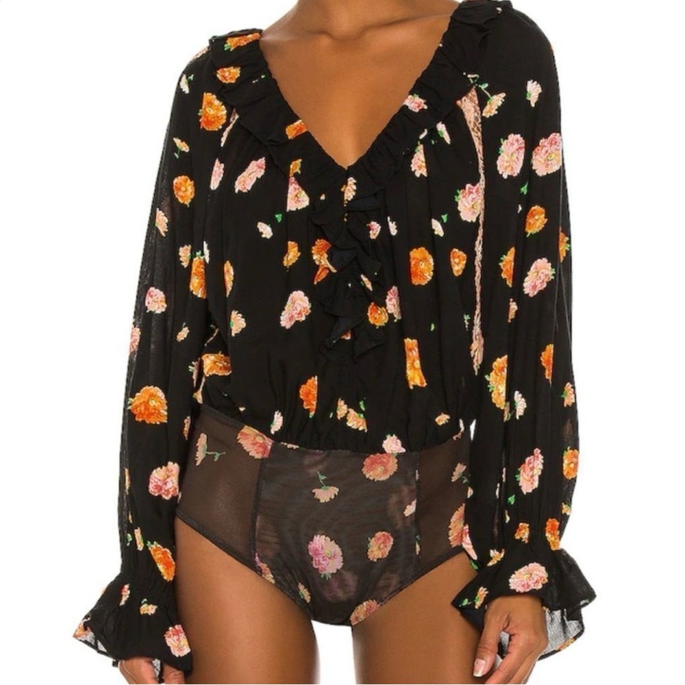 Free People Peach Lace Bodysuit with Black Trim size XS